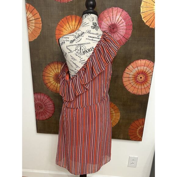 Bisou Bisou Orange Dress w/Multi Colored Stripes One Shoulder Ruffle Chic Sz 16 - Picture 3 of 4